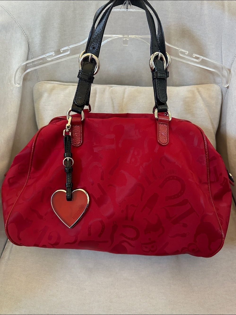 Rare Find Moschino Red Patterned Large Nylon Satchel with Acrylic Heart Charm